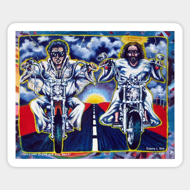 'Elvis & Jesus Hit the Road' Sticker by jerrykirk